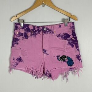 Anna Sui Womens Denim Shorts 28 Levis 501 Tie Dye Pink Purple Sequin Denim Boho